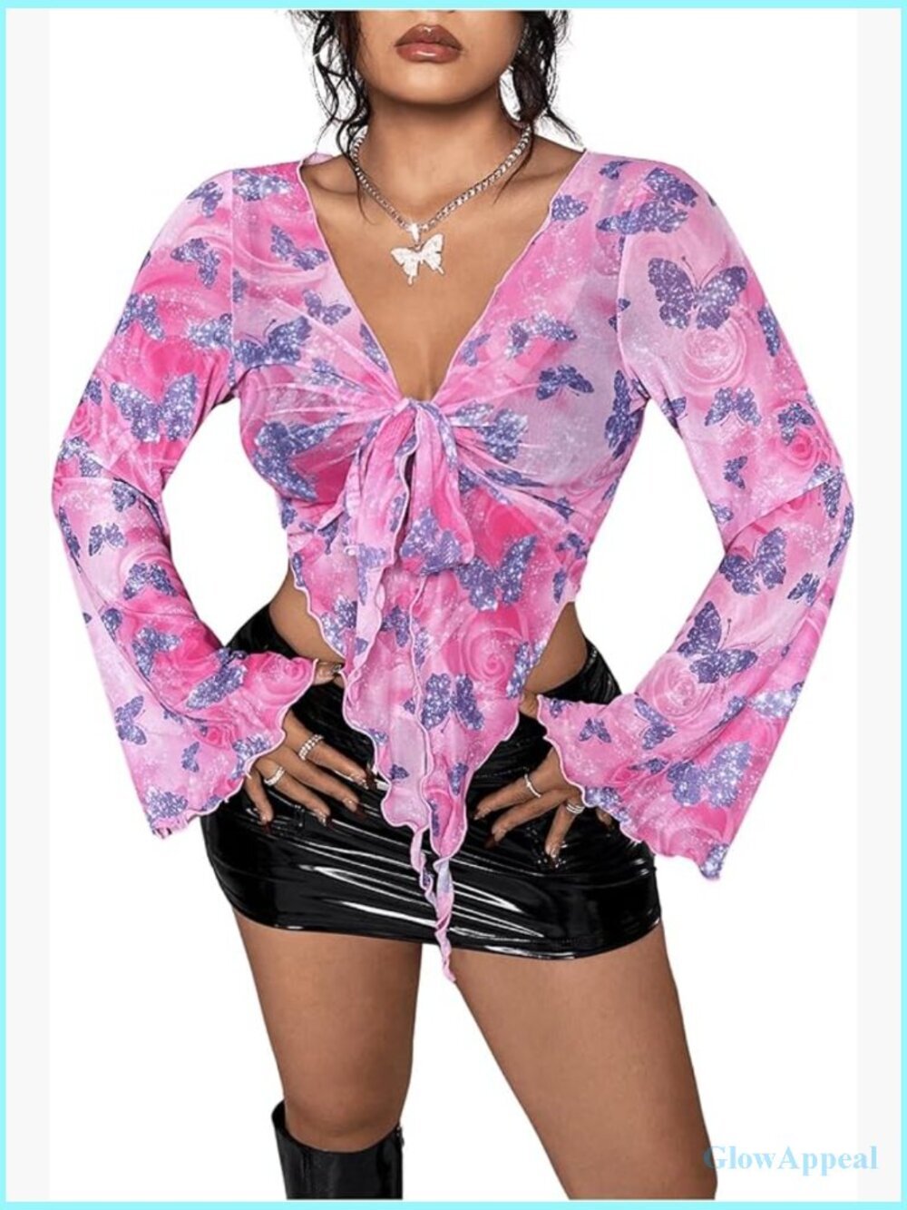 Plus Size Bow Tie Crop Top Long Flare Sleeve Y2K Butterfly Top